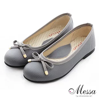 【Messa米莎】(MIT)舒適透氣蝴蝶結內真皮平底包鞋-35灰色