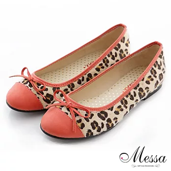 【Messa米莎】(MIT)俏麗蝴蝶結豹紋內真皮平底包鞋-35橘色