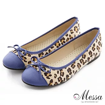 【Messa米莎】(MIT)俏麗蝴蝶結豹紋內真皮平底包鞋-35藍色