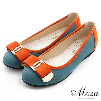 【Messa米莎】(MIT)麗緻風情蝴蝶結內真皮平底包鞋-35藍色