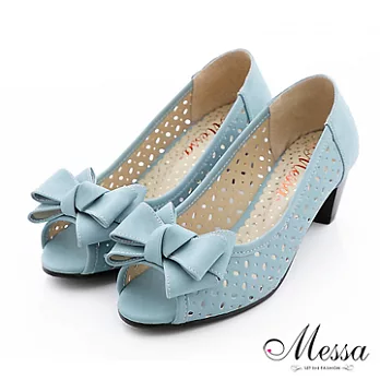 【Messa米莎】(MIT)高雅雕花蝴蝶結粗跟魚口鞋-35藍色