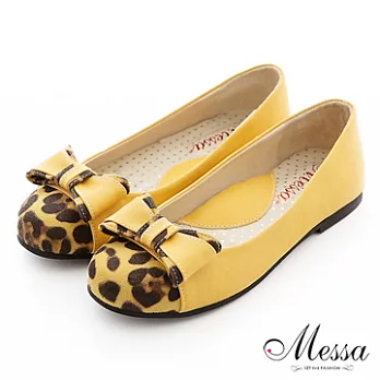 【Messa米莎】(MIT)甜感蝴蝶結豹紋內真皮平底包鞋-37黃色
