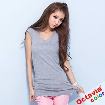【OCTAVIA COLOR】萬搭純棉V領長版上衣 - 銀白灰