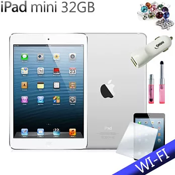 【NEW IPAD MINI(台灣公司貨)】 Wi-Fi 版 32GB+皮套+保護貼+迷你觸控筆+鑽石防塵塞+車用充電器白