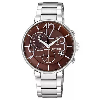 CITIZEN 都會氣質光動能計時錶(鋼帶-咖啡銀)