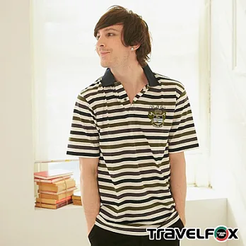 【Travel Fox男裝】夏賞輕薄短袖POLO衫 (學院徽章藍領藍綠橫條)M學院徽章藍