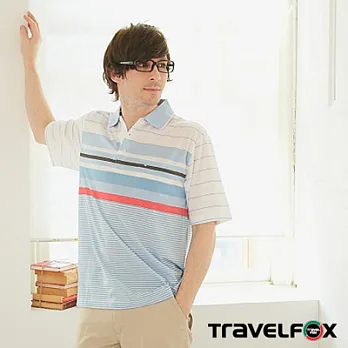 【Travel Fox男裝】夏賞輕薄短袖POLO衫 (白底藍紋領寬細藍橫條)M白底藍紋