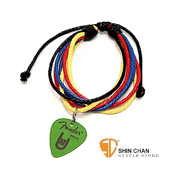 Fender Rock搖滾-彩色編織繩手鍊【T-na手創品牌】款式A（綠色Pick+藍紅黃黑）