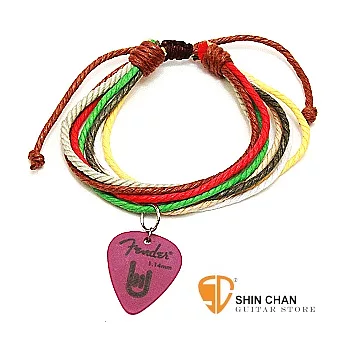 Fender Rock搖滾-彩色編織繩手鍊【T-na手創品牌】款式B（紫色Pick+綠紅咖啡淺黃）