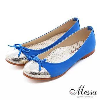 【Messa米莎】(MIT)時髦蝴蝶結爆裂紋平底包鞋35藍色