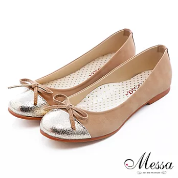 【Messa米莎】(MIT)時髦蝴蝶結爆裂紋平底包鞋35棕色