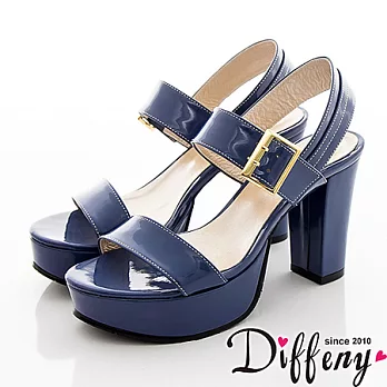 Diffeny 絕對美型 亮眼漆皮粗跟涼鞋-藍 235