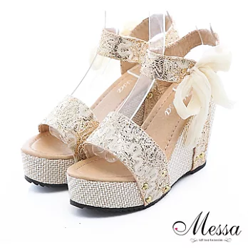【Messa米莎】麗緻絲帶蝴蝶結楔型涼鞋35米色