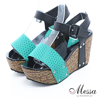 【Messa米莎】俏麗水玉點點寬帶楔型涼鞋35綠色