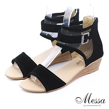 【Messa米莎】質感透膚繫踝楔型涼鞋35黑色