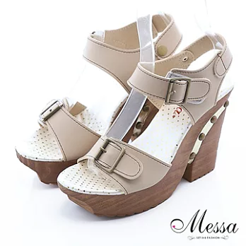 【Messa米莎】(MIT)簡約復古木紋粗跟涼鞋36米色
