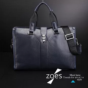 【Zoe’s】頂級義大利牛皮 全皮裁剪 扣帶造型 兩用電腦包 公事包 男包(寶藍)