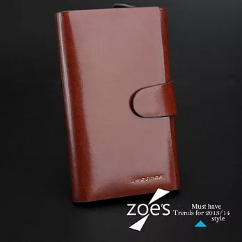 【Zoe’s】頂級 義大利小牛皮 光面撞紋 真皮長夾 手機套(品味棕)