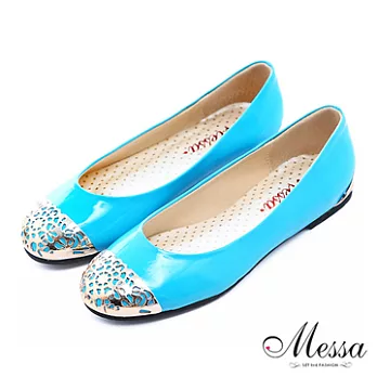 【Messa米莎】(MIT)典雅金屬拼接內真皮平底包鞋35藍色