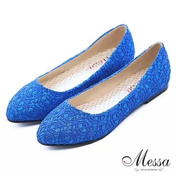 【Messa米莎】(MIT)細緻蕾絲金蔥內真皮平底包鞋35藍色