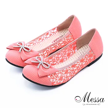 【Messa米莎】(MIT)蕾絲蝴蝶結內真皮平底包鞋37粉紅色