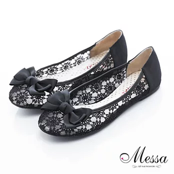【Messa米莎】(MIT)柔美蕾絲蝴蝶結內真皮平底包鞋36黑色