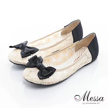 【Messa米莎】(MIT)柔美蕾絲蝴蝶結內真皮平底包鞋36米色