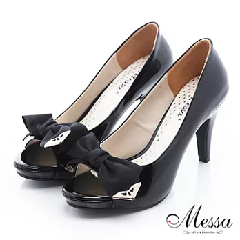 【Messa米莎】(MIT)名媛風蝴蝶結內真皮魚口高跟包鞋34黑色