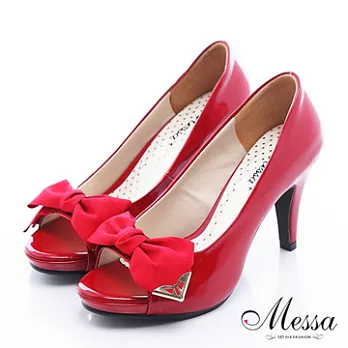 【Messa米莎】(MIT)名媛風蝴蝶結內真皮魚口高跟包鞋34紅色