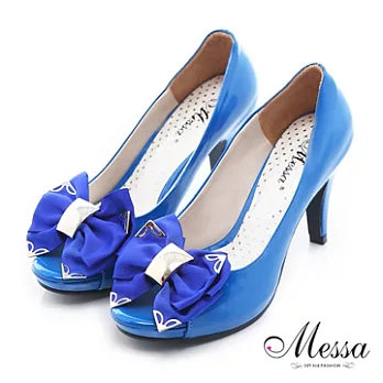 【Messa米莎】(MIT)古典蝴蝶結內真皮魚口高跟鞋34藍色