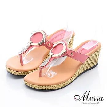 【Messa米莎】(MIT)艷夏水鑽金屬環楔型夾腳涼拖鞋35粉紅色
