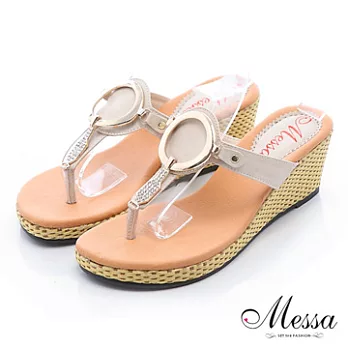 【Messa米莎】(MIT)艷夏水鑽金屬環楔型夾腳涼拖鞋35米色