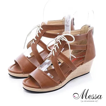 【Messa米莎】(MIT)簡約綁帶內真皮楔型涼鞋35棕色
