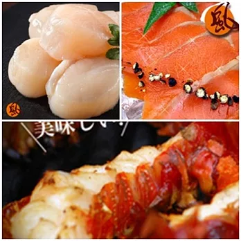 《風海鮮》美國龍蝦尾(去頭)250g+日本北海道生食級 2L 干貝500g+挪威鮮嫩煙燻鮭魚100g