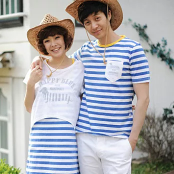 愛奢侈親子裝~臘腸狗黃領條上衣親子裝(媽媽)XL藍白條