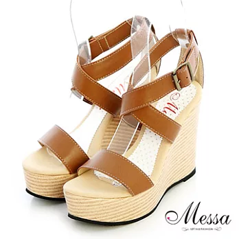 【Messa米莎】(MIT)復古風簍空內真皮楔型涼鞋35棕色