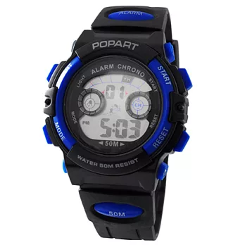 POPART多功能冷光電子運動錶pop-183（黑藍）