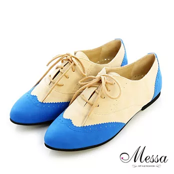 【Messa米莎】(MIT)仿舊雙色雕花內真皮牛津鞋36藍色