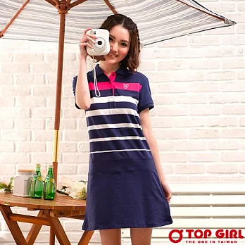 【TOP GIRL】海洋小公主彈性條紋POLO洋裝-女(深海藍)M深海藍