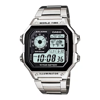 CASIO 獨領風騷造詣巔峰運動液晶鋼帶腕錶-銀-AE-1200WHD-1A