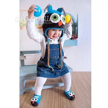 Cutie Bella手工編織嬰兒鞋帽組Owl-Aqua/Brown