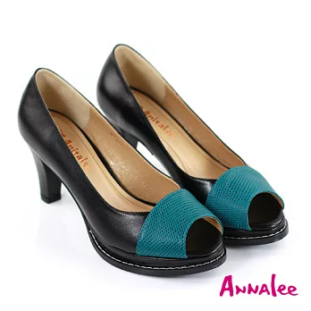 ANNALEE 優雅曲線全真皮壓紋魚口高跟鞋38黑色