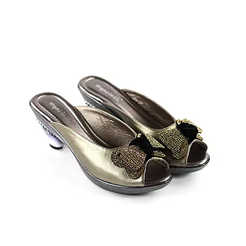 ◤Green Phoenix◥真皮蝴蝶結鑽面魚口高跟拖鞋35古銅