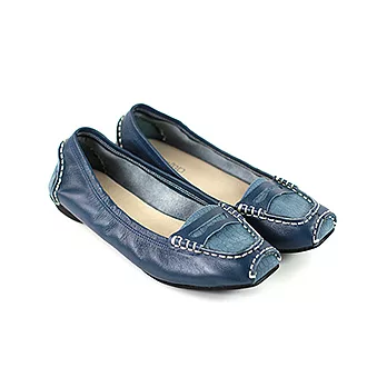 ◤Green Phoenix◥雙拼真皮革鱷魚皮造型壓紋平底包鞋22.5藍色