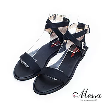 【Messa米莎】(MIT)簡約大方寬帶交叉繫踝內真皮平底涼鞋36黑色
