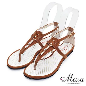 【Messa米莎】(MIT)沁透水鑽T字麂皮絨內真皮夾腳涼鞋36棕色