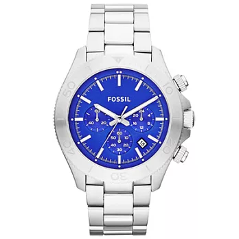 FOSSIL 絕讚指標三眼計時腕錶(鋼帶-亮藍)