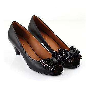 ◤Green Phoenix◥真皮透氣氣質蝴蝶結魚口低跟鞋5.5黑色