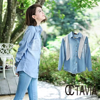 【OCTAVIA COLOR】牛仔襯衫 連披肩式休閒牛仔襯衫 - 灰披藍