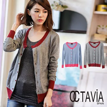 【OCTAVIA COLOR】鞣毛感圓領撞色針織外套 -紅領灰